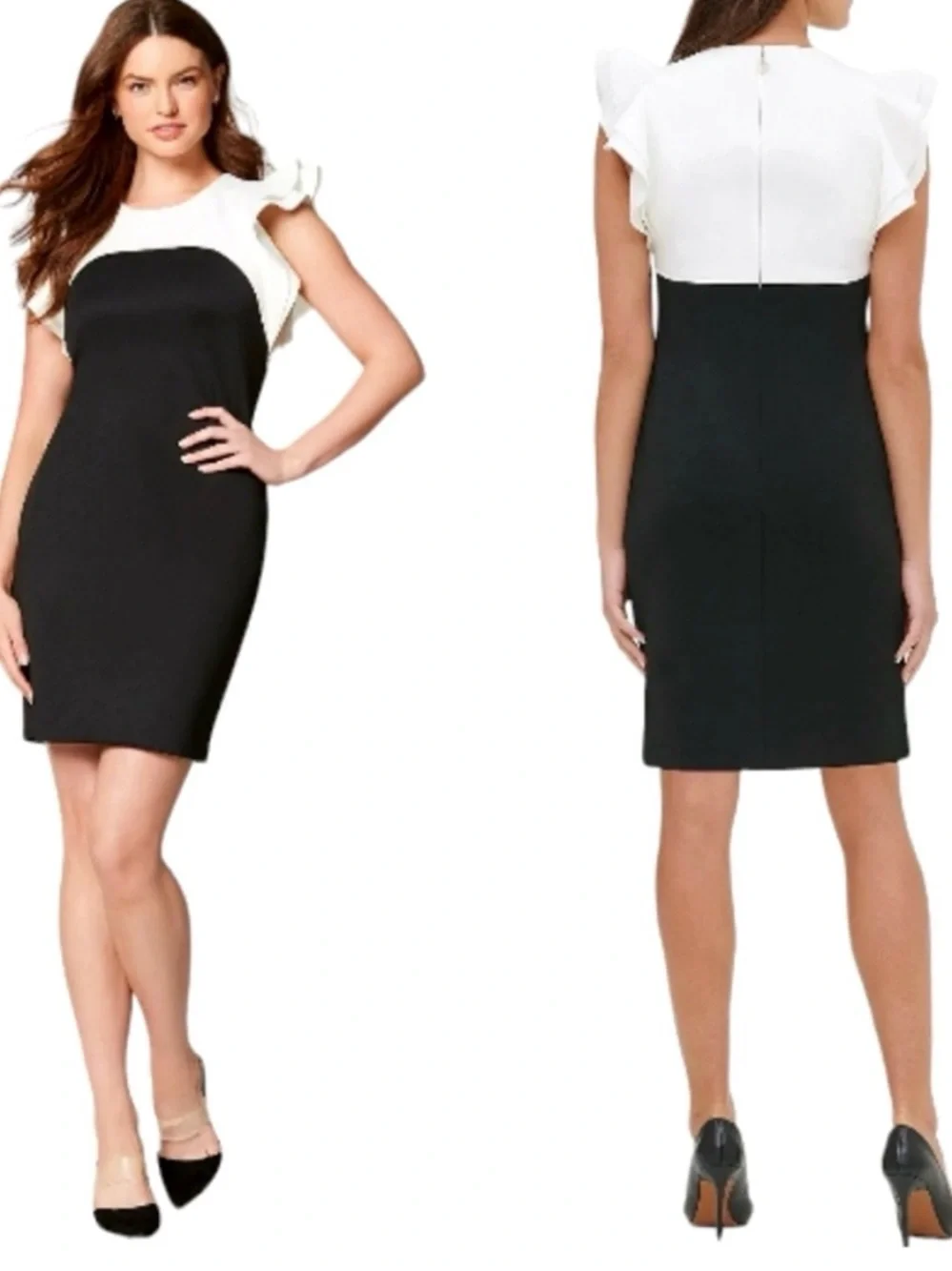 Tommy Hilfiger Black and White Ruffle Cap Sleeve Sheath Dress Plus Size 16 - Picture 2 of 9